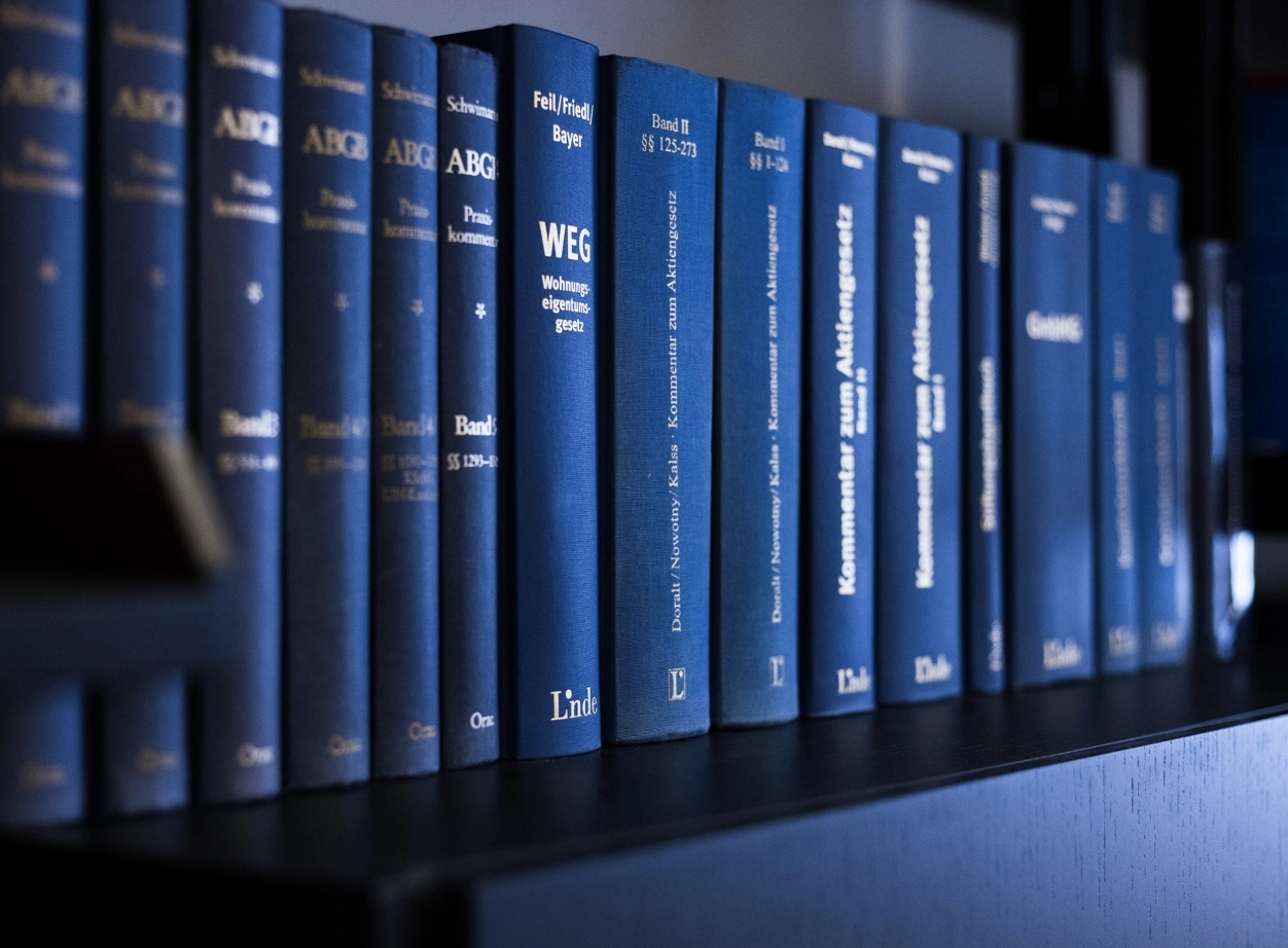 Reihe von Gesetzbüchern im Regal, mit blauem Einband